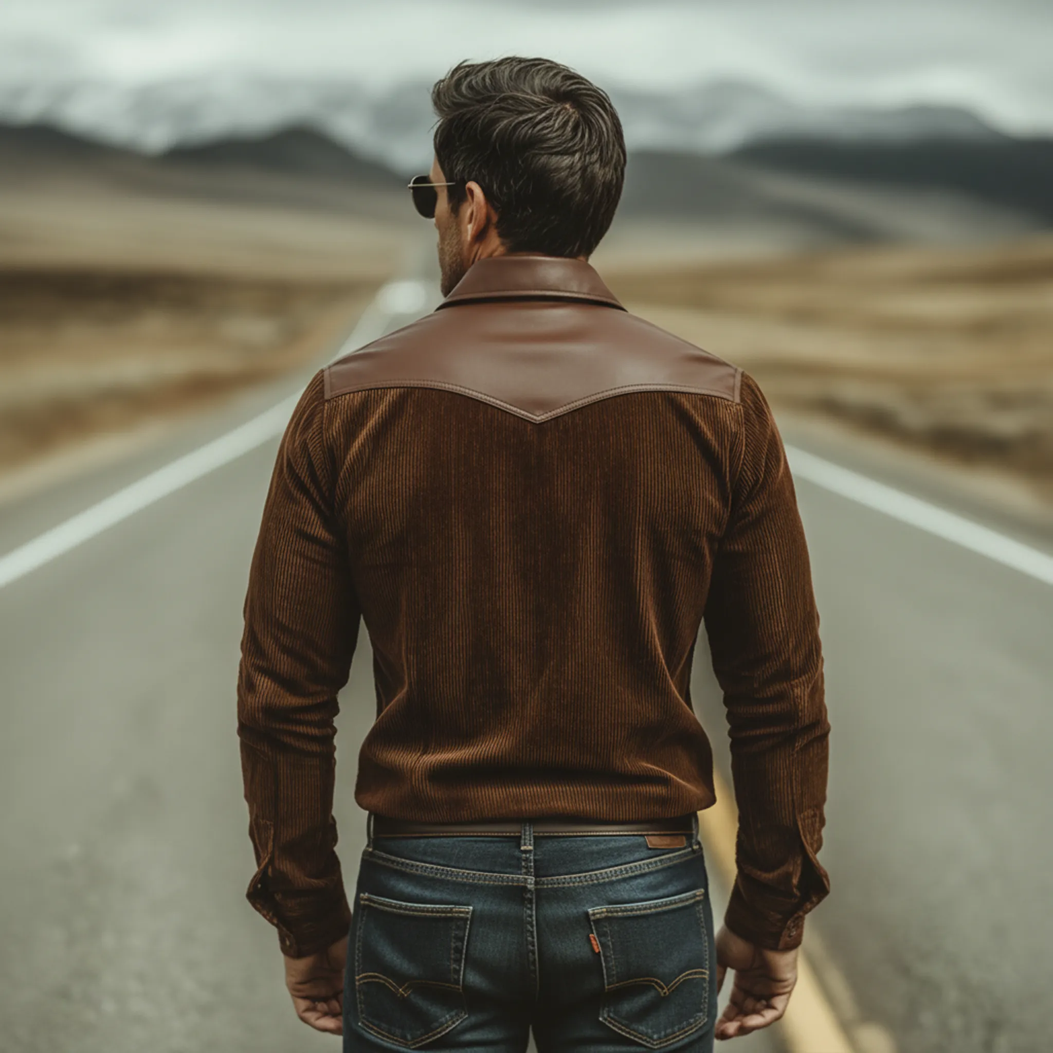 Men's Classic Vintage PU Leather And Corduroy Patchwork Long-sleeved Shirt MTA1749L0K sold by Manly product image thumbnail 4