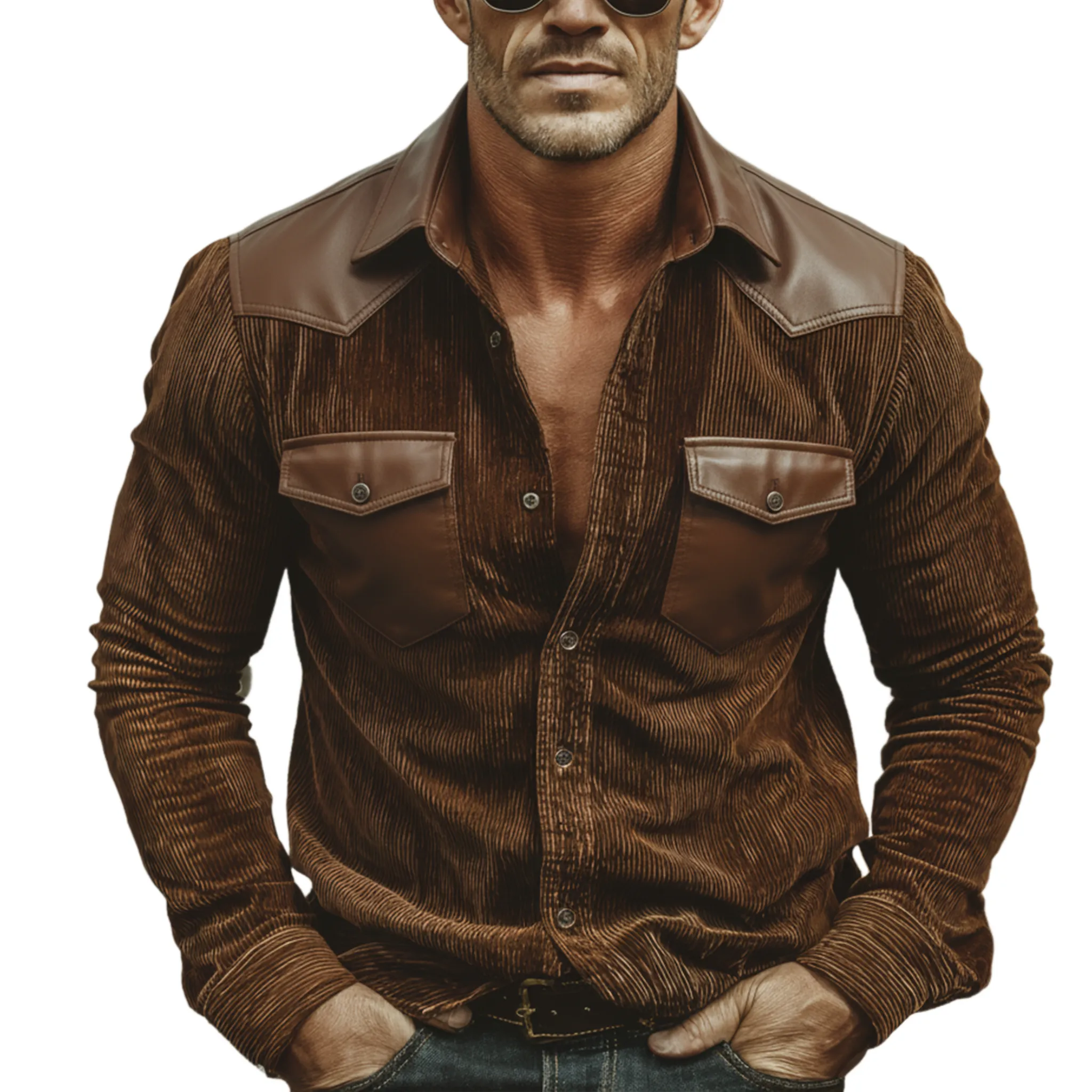 Men's Classic Vintage PU Leather And Corduroy Patchwork Long-sleeved Shirt MTA1749L0K sold by Manly