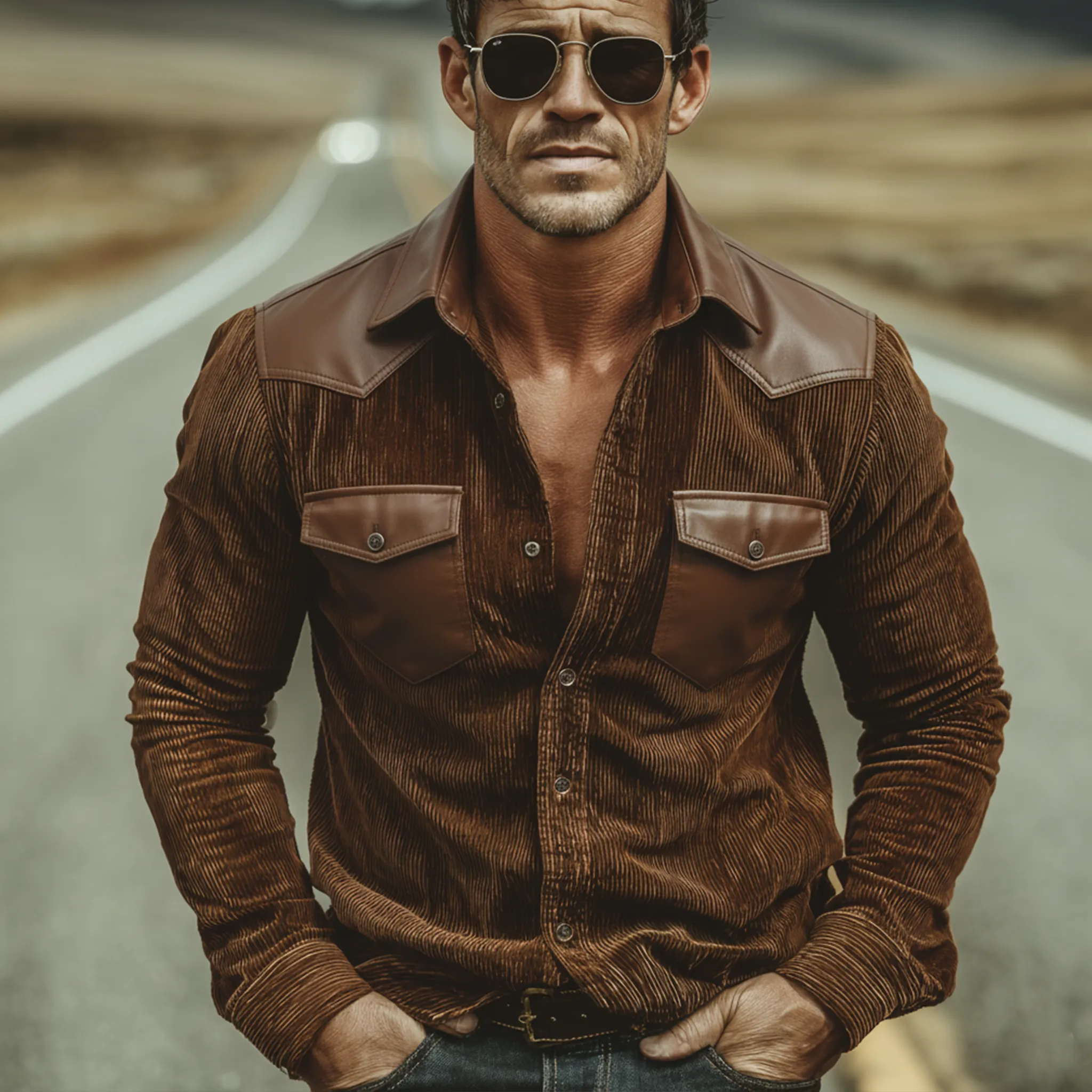 Men's Classic Vintage PU Leather And Corduroy Patchwork Long-sleeved Shirt MTA1749L0K sold by Manly product image thumbnail 2