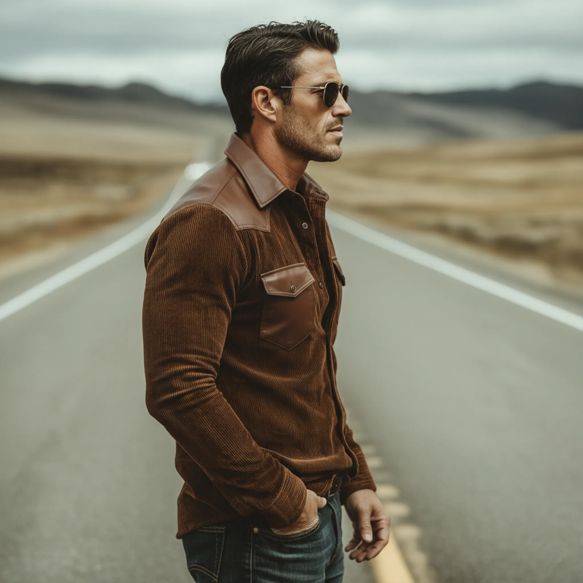 Men's Classic Vintage PU Leather And Corduroy Patchwork Long-sleeved Shirt MTA1749L0K sold by Manly product image thumbnail 3