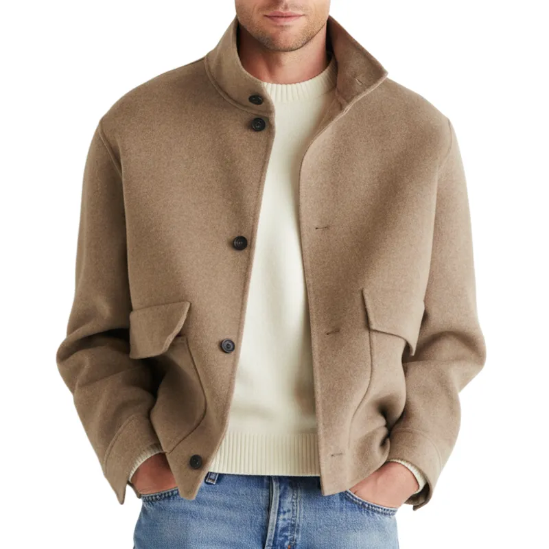 Men's Classic Business Khaki Stand-up Collar Faux Wool Jacket MTA1629L1U sold by Manly