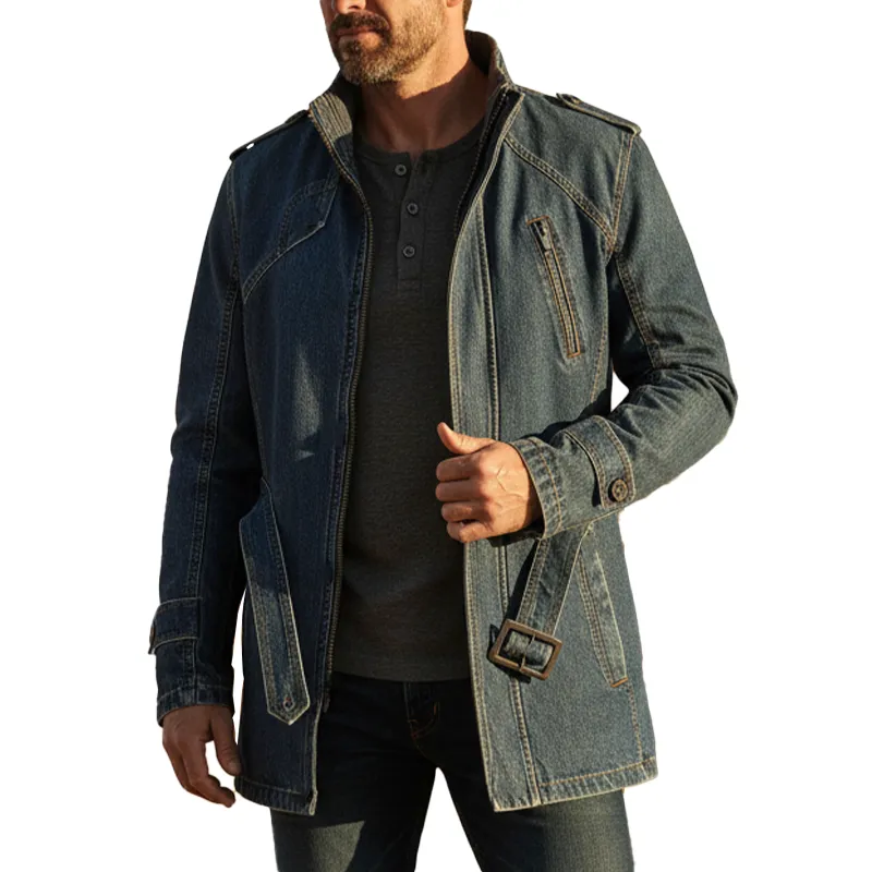 Men's Vintage Washed Denim Stand-collar Zip-up Jacket (with Belt) MTA2966L0P sold by Manly