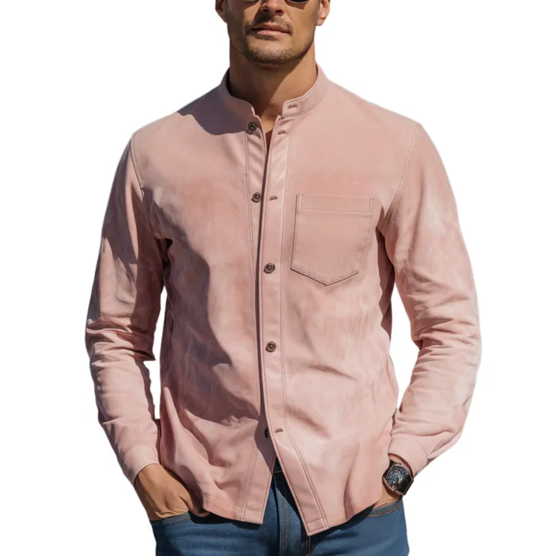 Men's Classic Vintage PU Leather Placket Stand-collar Pink Suede Long-sleeved Shirt MTA2999L6K sold by Manly