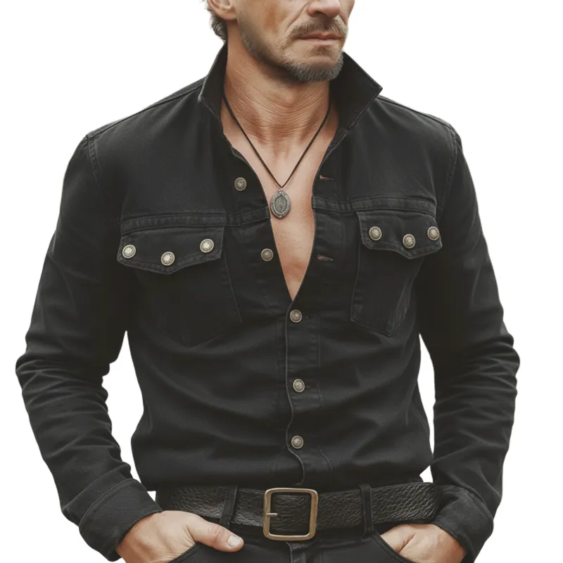 Men's Vintage Multi-button Cotton Lapel Long-sleeved Shirt MTA3080L7U sold by Manly