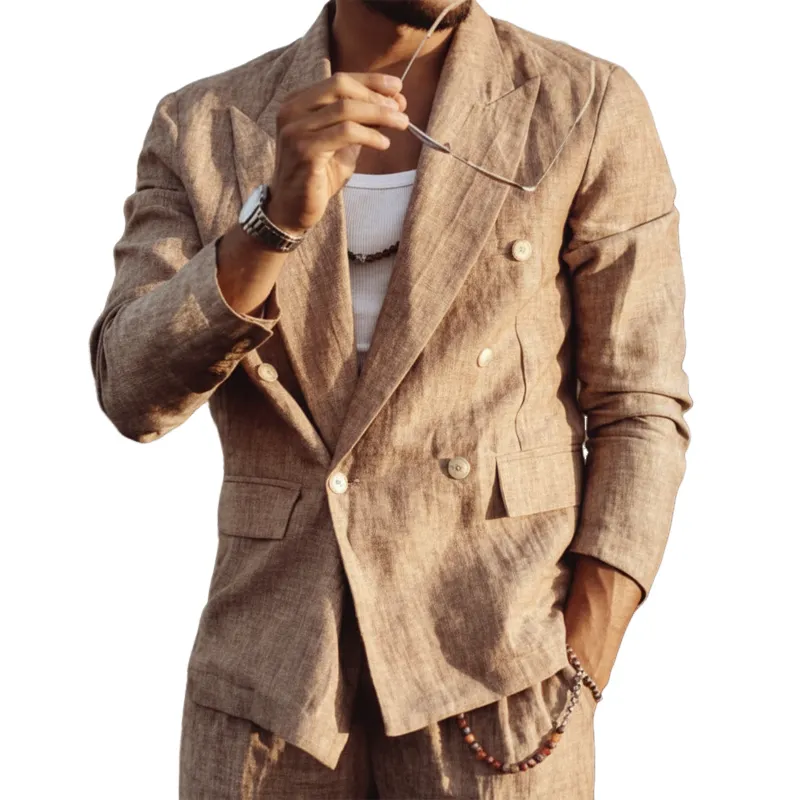 Men's Classic Urban Style Cotton And Linen Double-Breasted Single-Vented Blazer MTA3034L6U sold by Manly