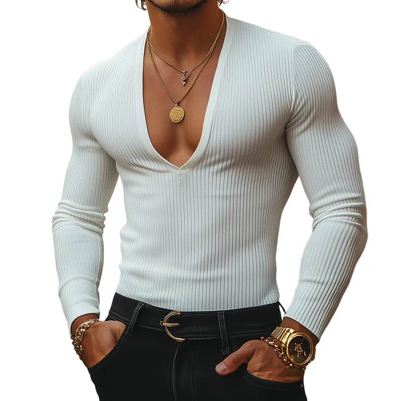 Men's Retro Casual Striped V-Neck Long-Sleeve T-Shirt MTA3011L5TO sold by Manly