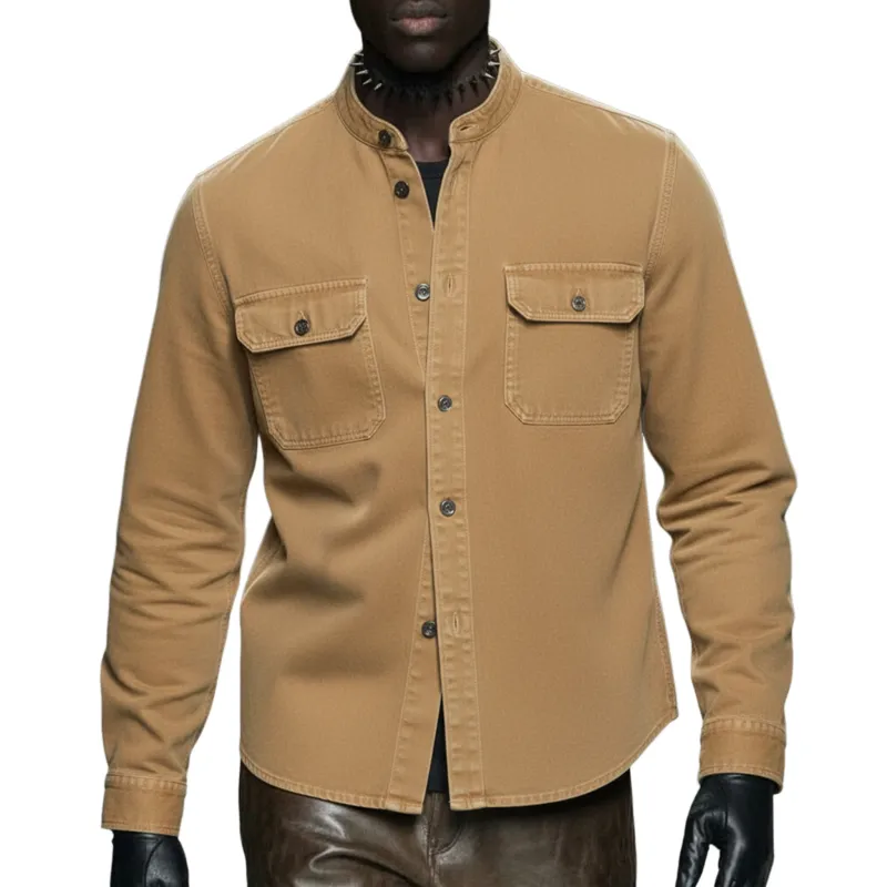 Men's Classic Casual Stand-collar Washed Cotton Long-sleeved Shirt MTZ0566A0K made by Manly