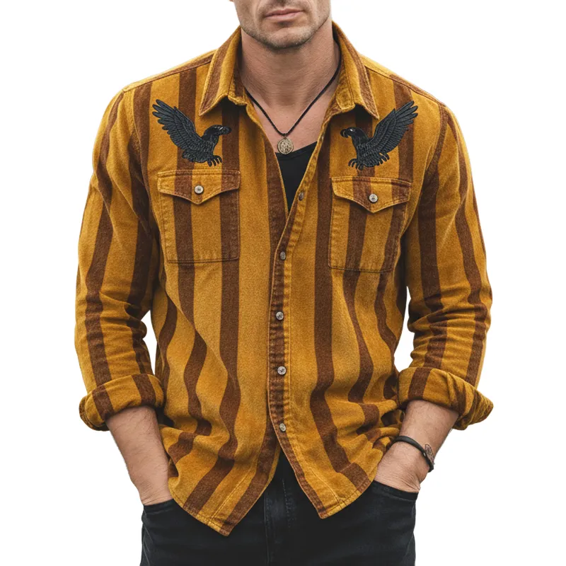 Men's Classic Striped Eagle Embroidered Casual Long-sleeved Shirt MTZ0552A4U sold by Manly