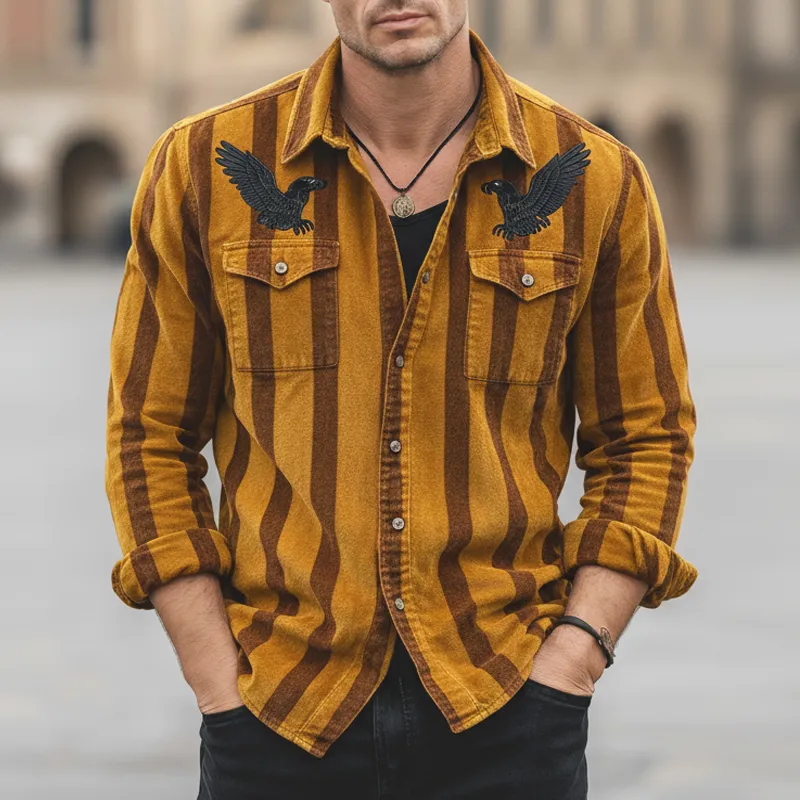 Men's Classic Striped Eagle Embroidered Casual Long-sleeved Shirt MTZ0552A4U sold by Manly product image thumbnail 2