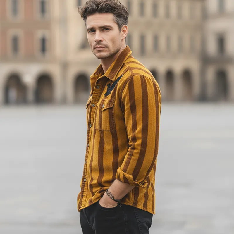 Men's Classic Striped Eagle Embroidered Casual Long-sleeved Shirt MTZ0552A4U sold by Manly product image thumbnail 4