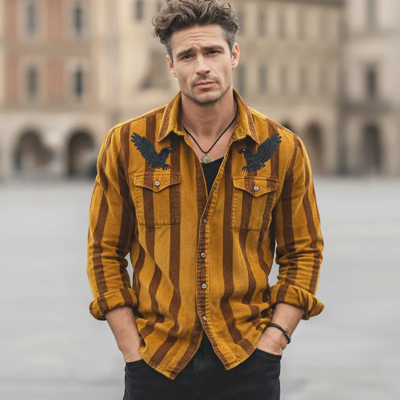 Men's Classic Striped Eagle Embroidered Casual Long-sleeved Shirt MTZ0552A4U sold by Manly product image thumbnail 3