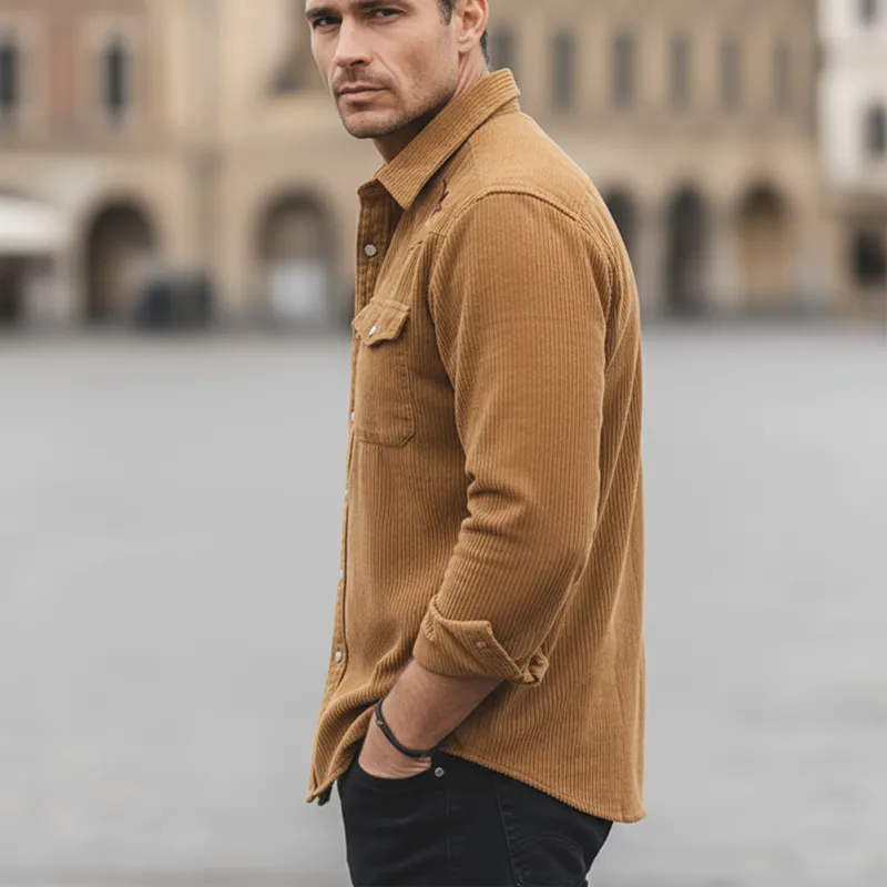 Men's Classic Corduroy Embroidered Casual Long-sleeved Shirt MTZ0537A6U sold by Manly product image thumbnail 3