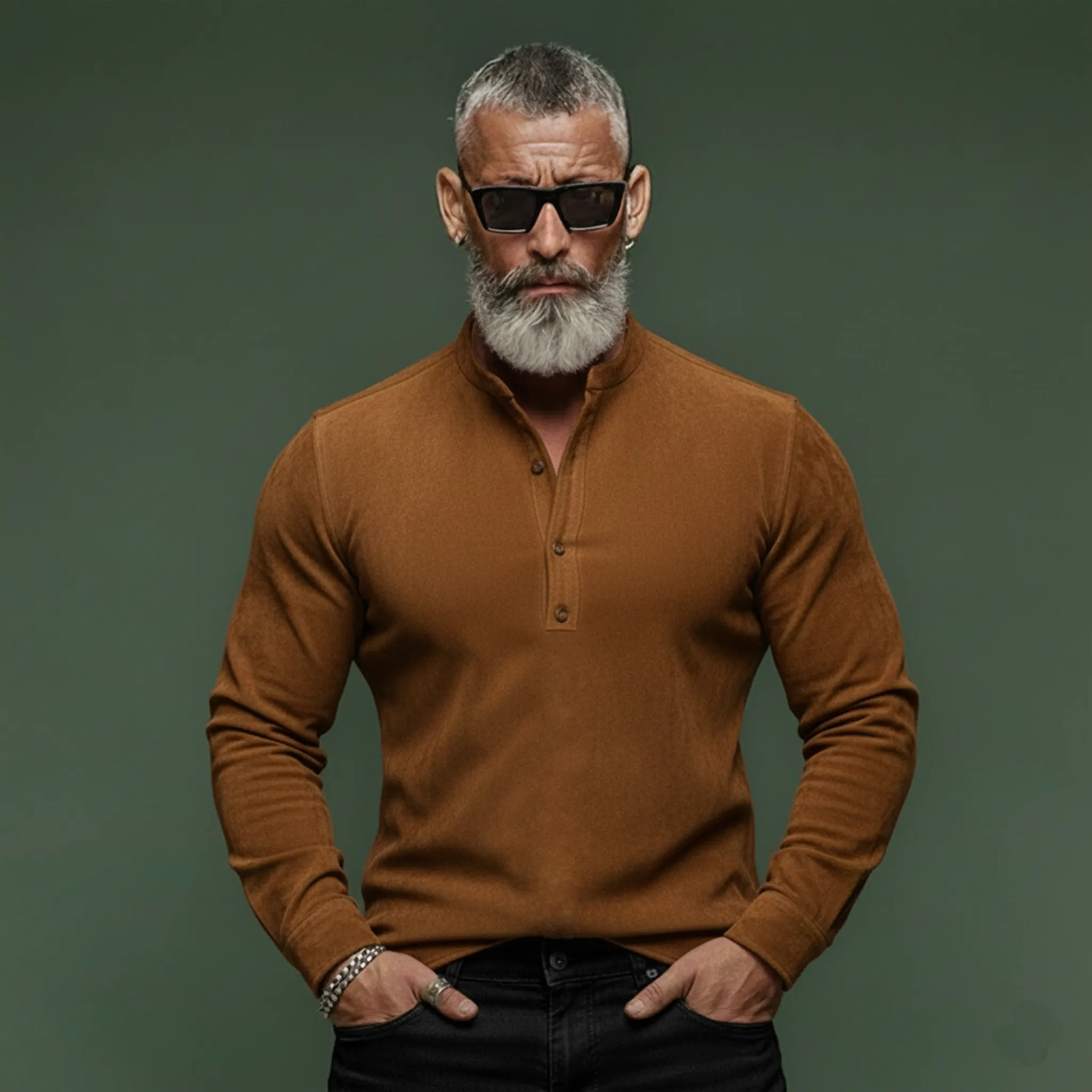 Men's Classic Casual Faux Suede Henley Neck Long-sleeved T-shirt MTZ0479A9K sold by Manly product image thumbnail 2