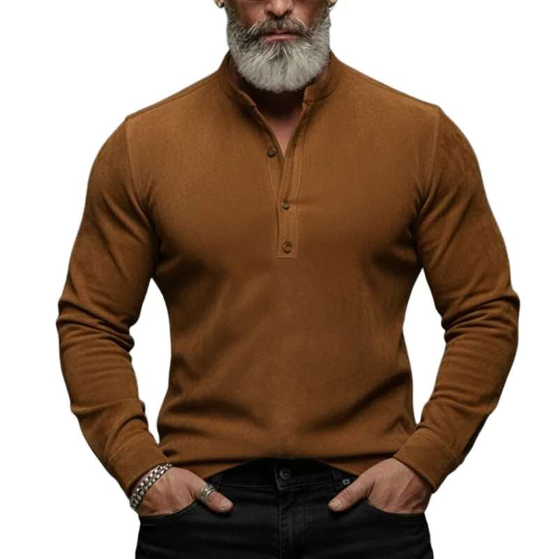 Men's Classic Casual Faux Suede Henley Neck Long-sleeved T-shirt MTZ0479A9K made by Manly