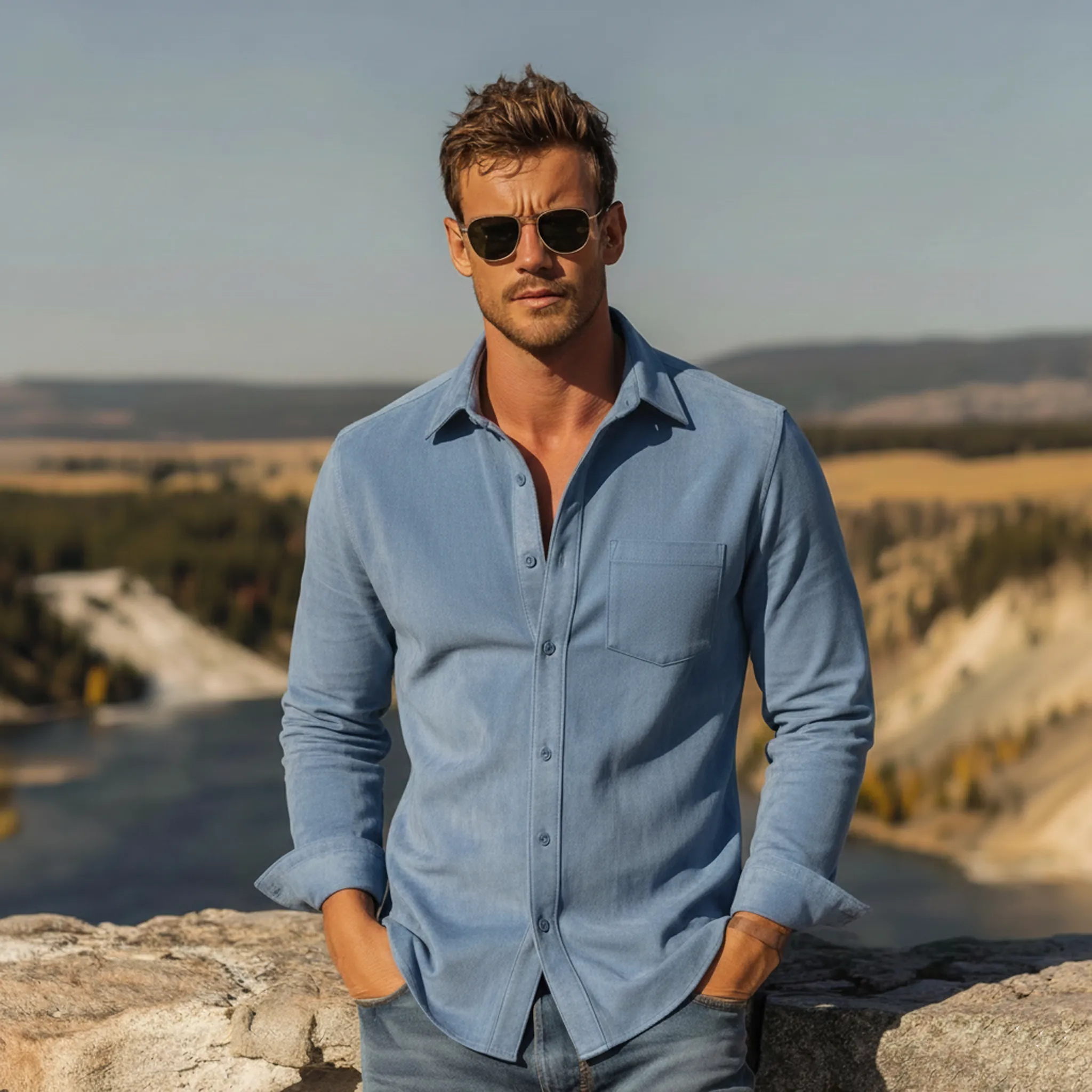 Men's Classic Casual Faux Suede Collared Long-sleeved Shirt MTZ0456A5K sold by Manly product image thumbnail 2