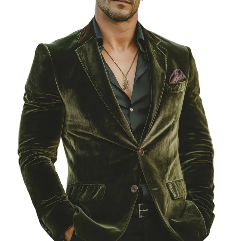 Men's Business Velvet Two-Button Single Vent Color-Block Collar Blazer MTZ0423A9U sold by Manly