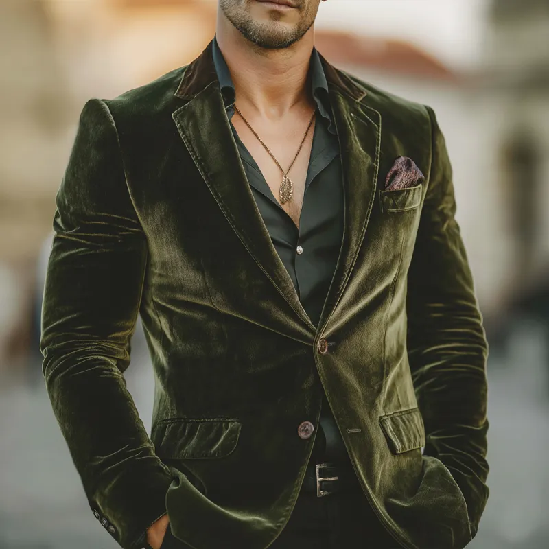 Men's Business Velvet Two-Button Single Vent Color-Block Collar Blazer MTZ0423A9U sold by Manly product image thumbnail 2