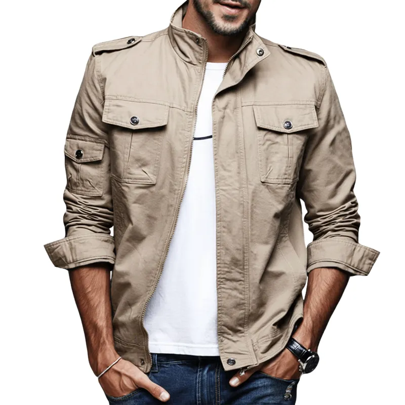 Men's Classic Cotton Multi-pocket Stand-collar Zip-up Jacket MTZ0430A3U sold by Manly