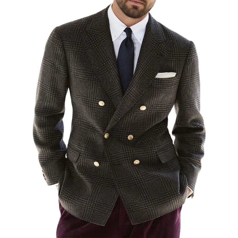 Men's Classic Plaid Faux Wool Double-breasted Single-vented Blazer MTZ0438A5U sold by Manly