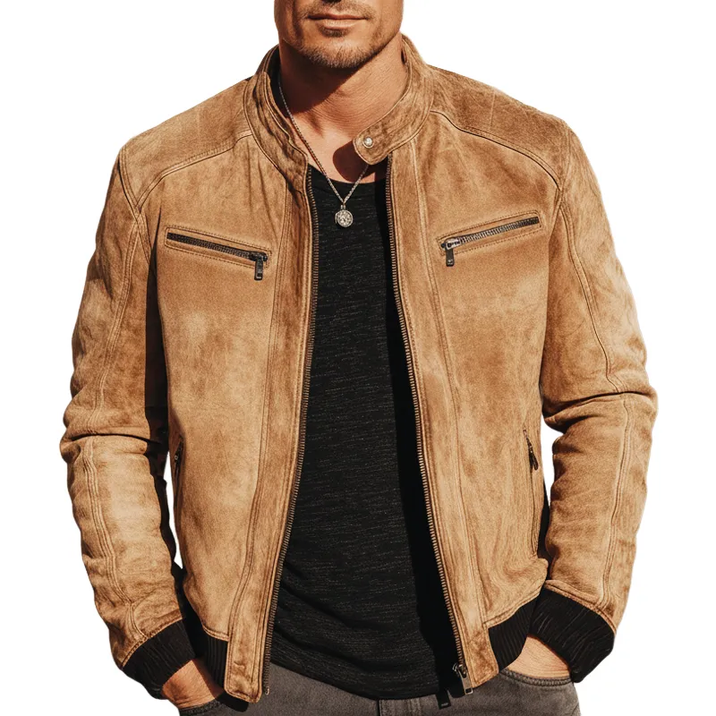 Men's Classic Urban Snap-button Collar Zippered Faux Suede Jacket MTZ0416A7U sold by Manly