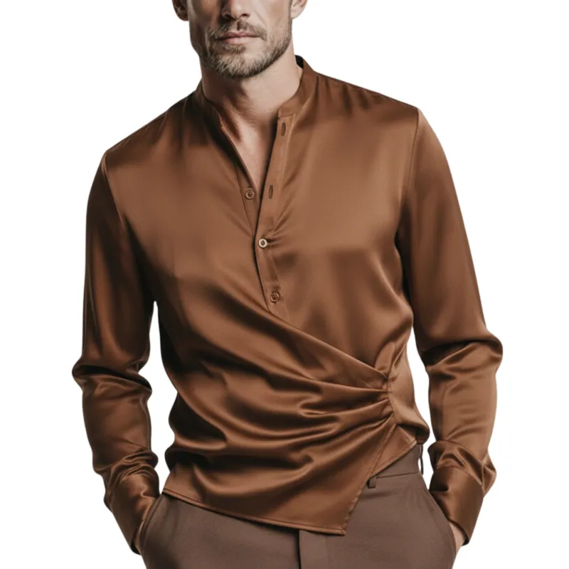 Men's Classic Casual Satin Stand-collar Pullover Long-sleeved Shirt MTZ0924A3K sold by Manly