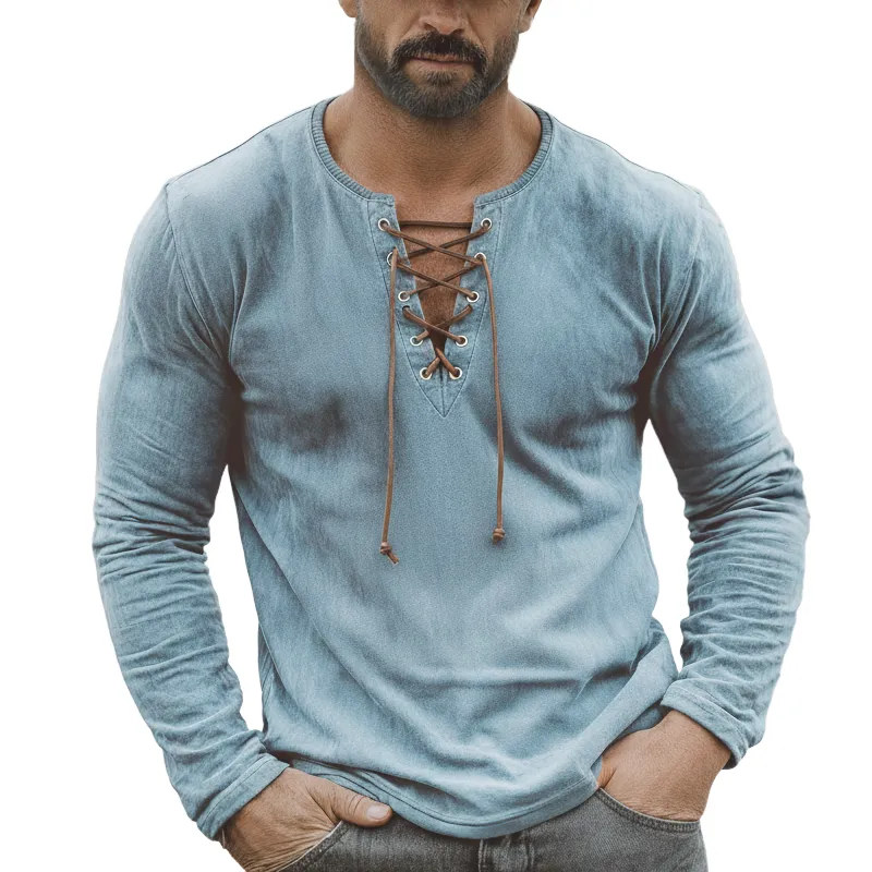 Men's Retro Lace-up V-Neck Faux Suede Long-Sleeve T-Shirt MTZ0905A1U sold by Manly