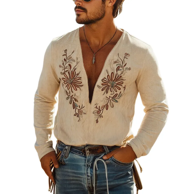 Men's Classic Casual Deep V-neck Faux Suede Embroidered Long-sleeved T-shirt MTZ0957A2K sold by Manly