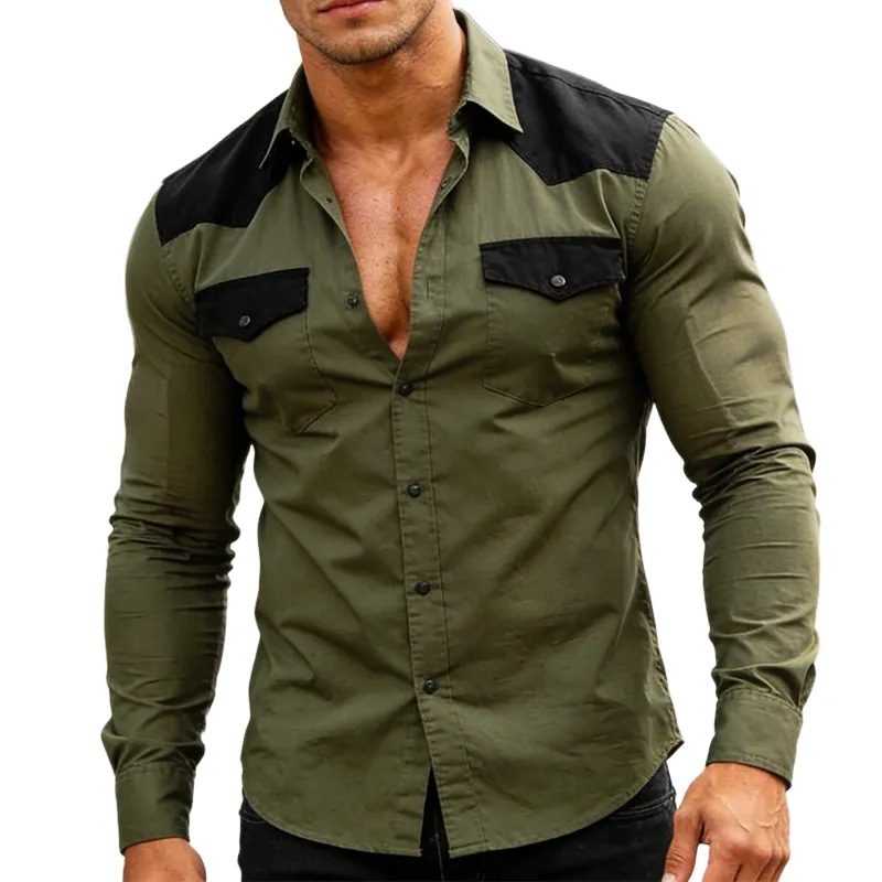 Men's Vintage Casual Cotton Color-blocked Lapel Workwear Long-sleeved Shirt MTZ0807A6TO sold by Manly