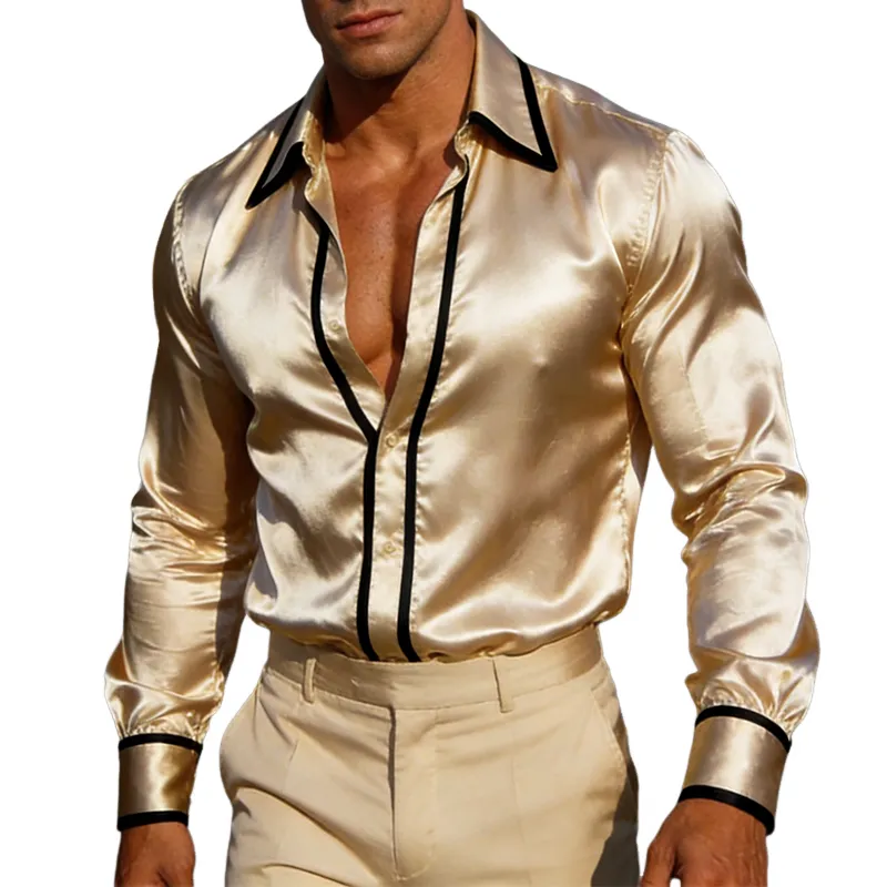 Men's Vintage Casual Satin Color-blocked Lapel Long-sleeved Shirt MTZ0852A6TO sold by Manly