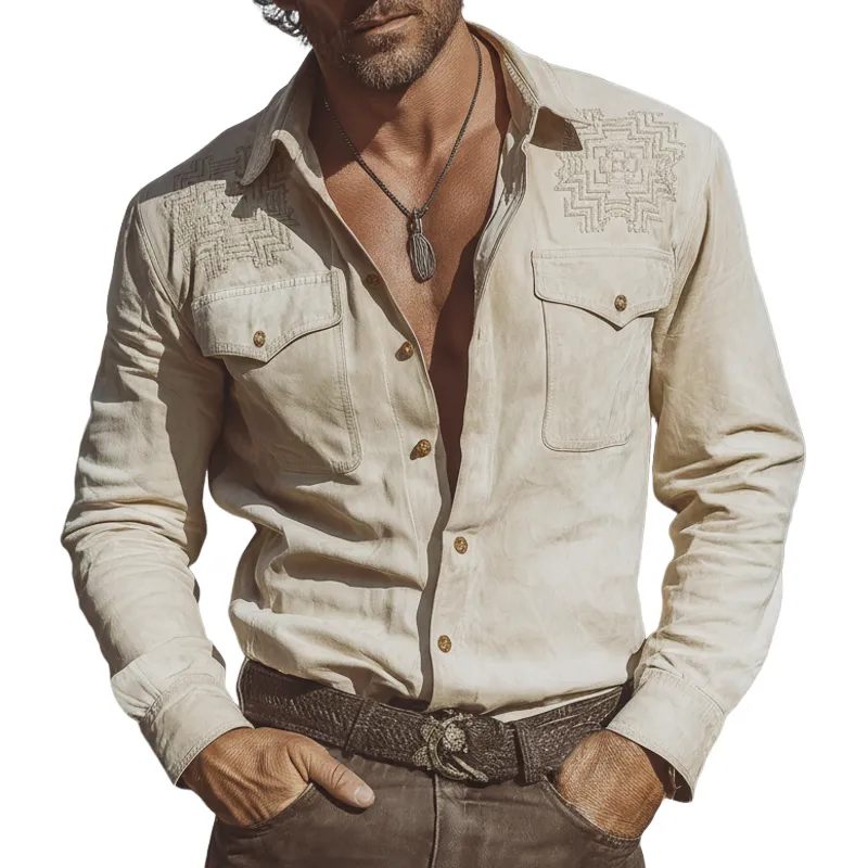 Men's Vintage Beige Faux Suede Embroidered Long-sleeved Shirt MTZ0817A8U sold by Manly