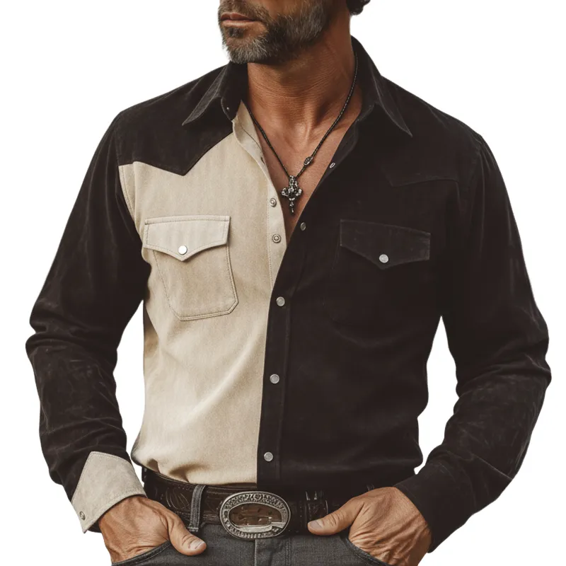 Men's Western-style Color-block Faux Suede Long-sleeved Shirt MTZ0877A8U sold by Manly