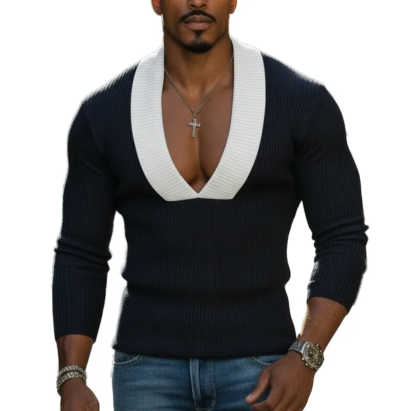 Men's Spring Fashion Cotton Blend Ribbed Slim Fit V-Neck Long-Sleeve T-Shirt MTZ0745A1P sold by Manly