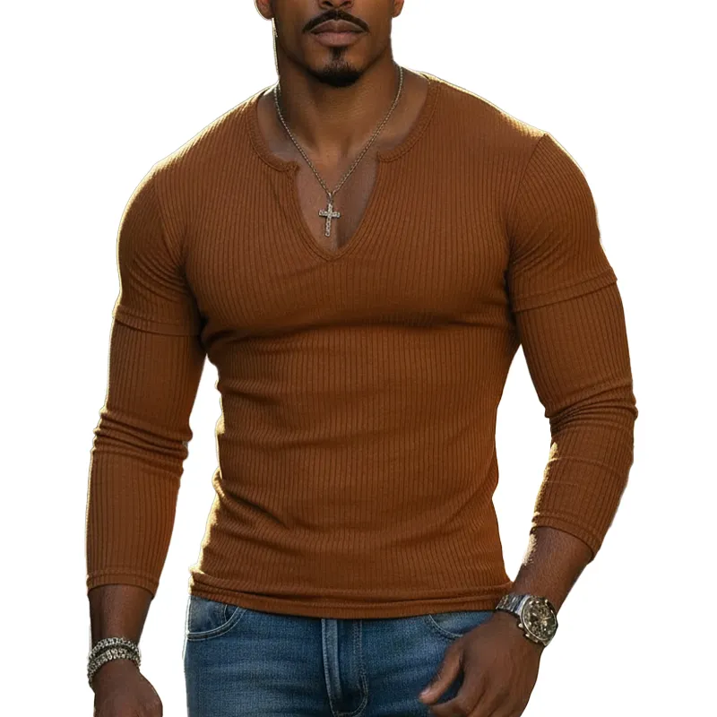 Men's Spring Fashion Ribbed Cotton Blend V-neck Slim-fit Long-sleeved T-shirt MTZ0730A9P sold by Manly