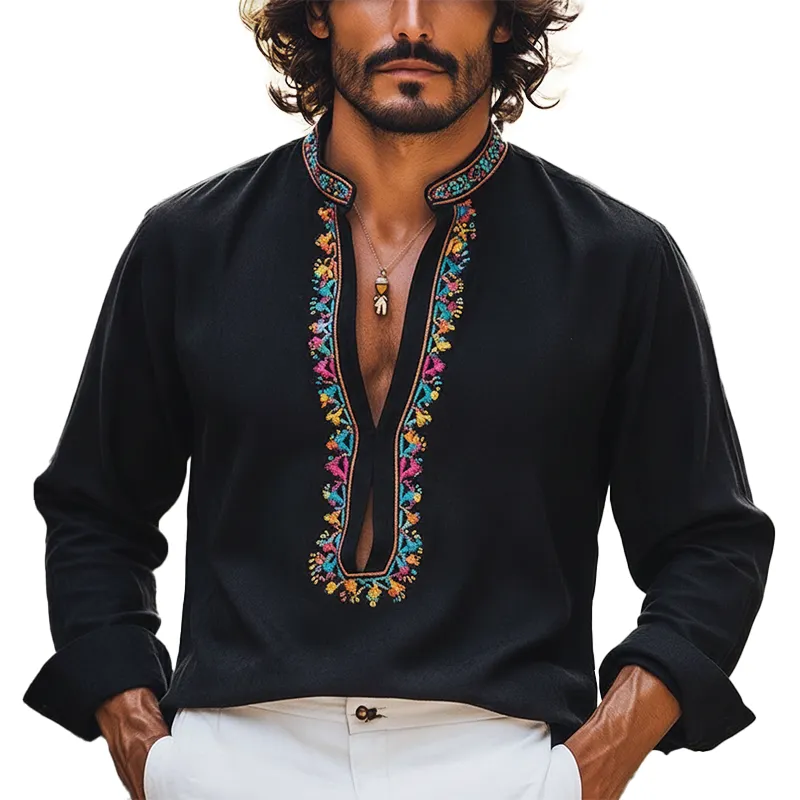 Men's Spring Fashion Embroidered U-neck Faux Suede Long-sleeved Shirt MTZ0837A0P sold by Manly