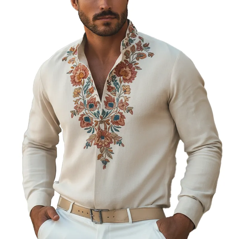 Men's Spring Fashion Floral Embroidered Linen Blend Long-sleeved Shirt MTZ0828A7P sold by Manly