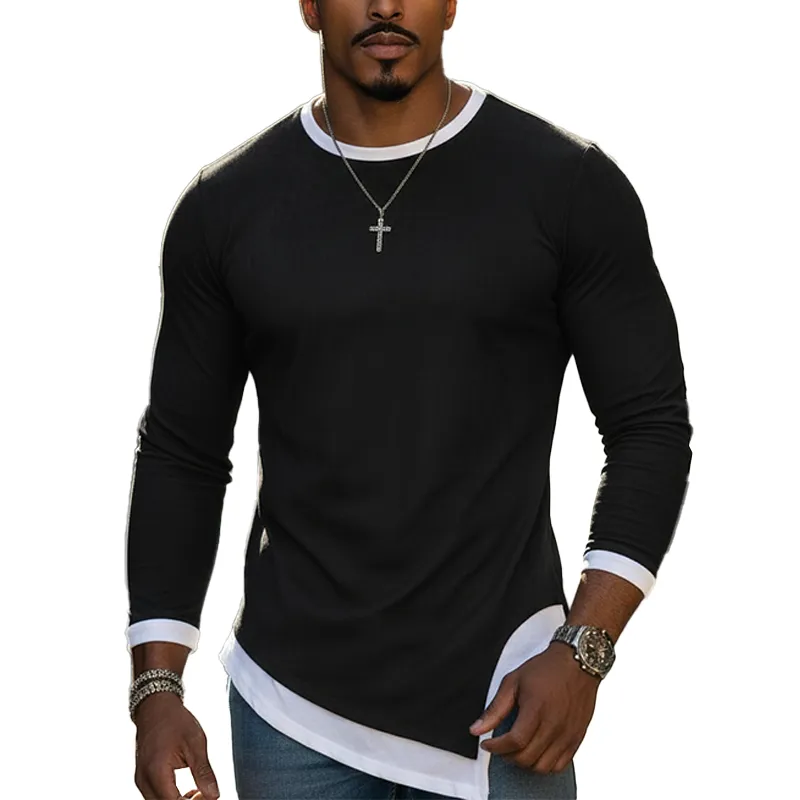 Men's Spring Fashion Color-block Cotton Blend Crew Neck Long-sleeved T-shirt MTZ0562A2P made by Manly