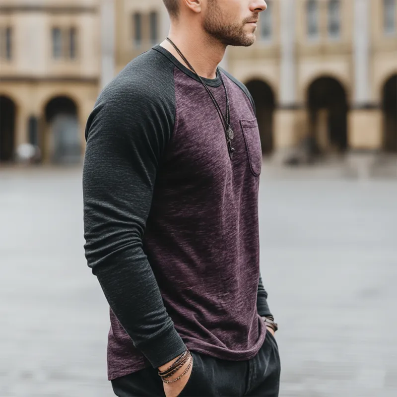 Men's Urban Color-block Crew Neck Cotton Blend Stretch Long-sleeved T-shirt MTZ0612A8U sold by Manly product image thumbnail 3