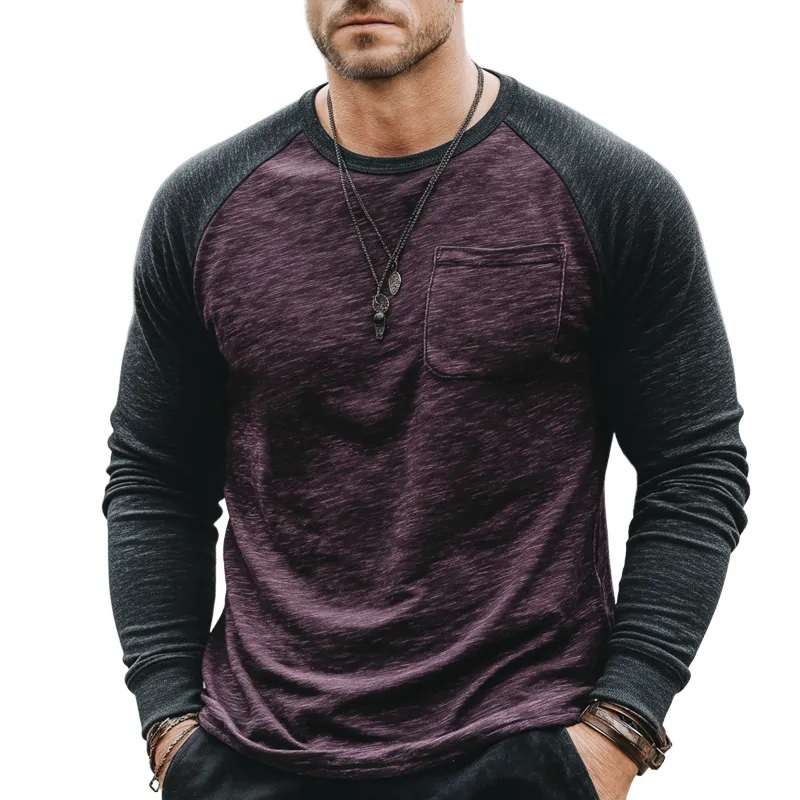 Men's Urban Color-block Crew Neck Cotton Blend Stretch Long-sleeved T-shirt MTZ0612A8U made by Manly
