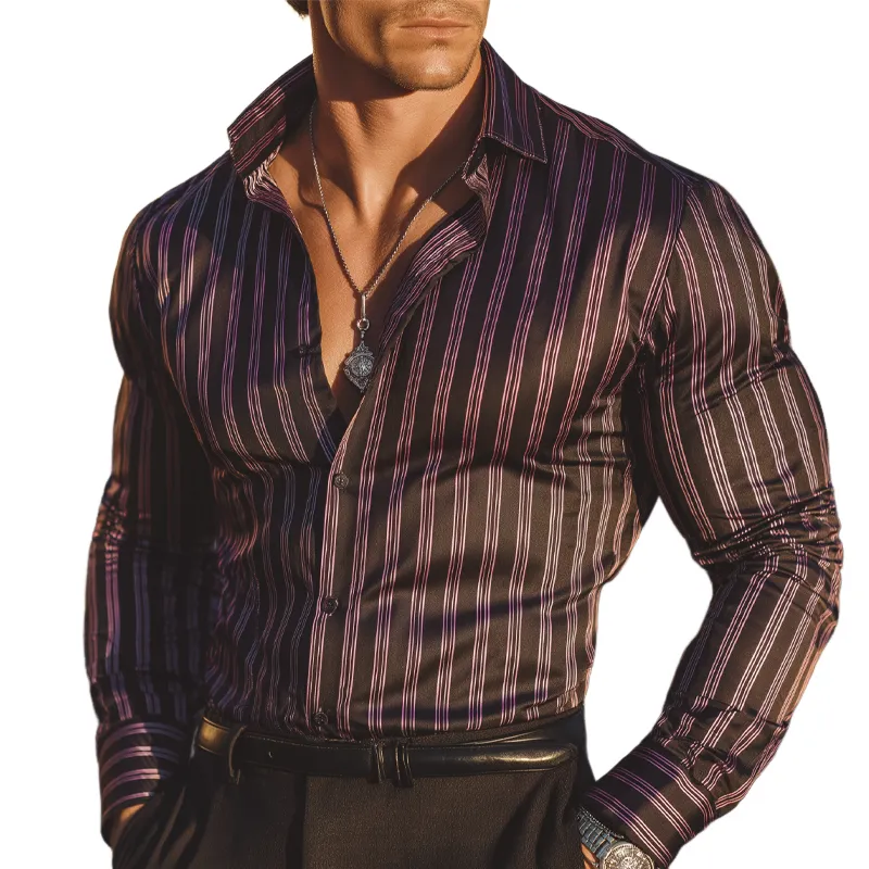 Men's Classic Color-block Striped Satin Long-sleeved Shirt MTZ0783A6U sold by Manly