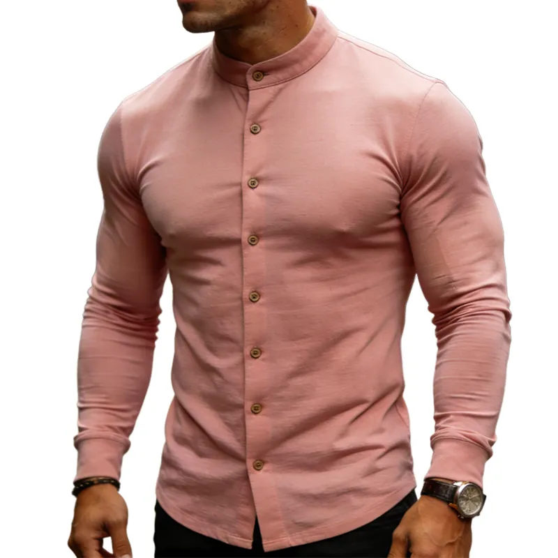 Men's Retro Casual Cotton Stand Collar Button Long Sleeve T-shirt MTA2363L0TO sold by Manly