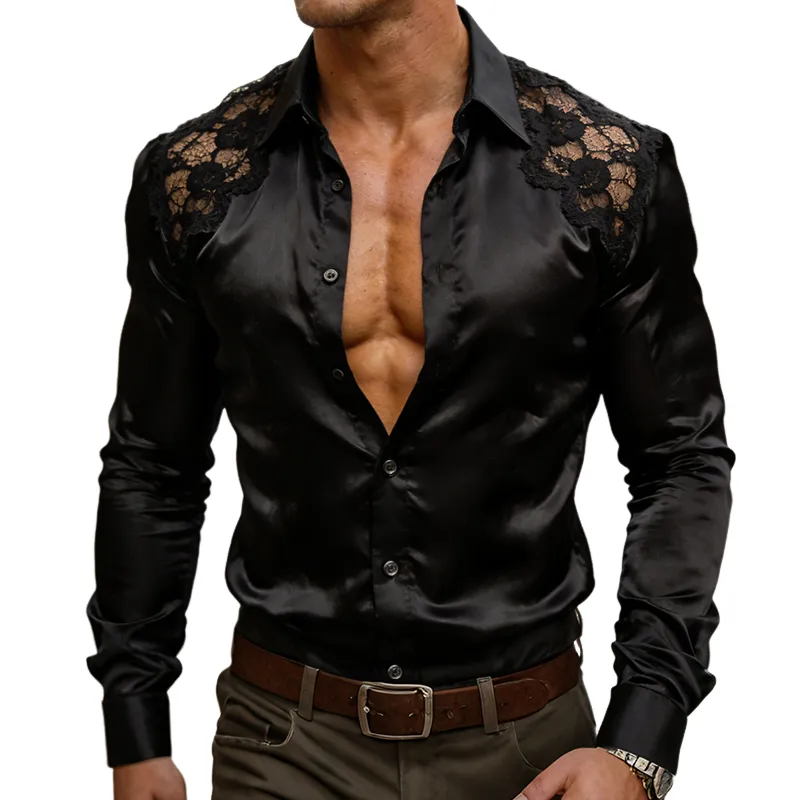Men's Retro Casual Lace-Trimmed Satin Lapel Long-Sleeve Shirt MTA2433L9TO sold by Manly