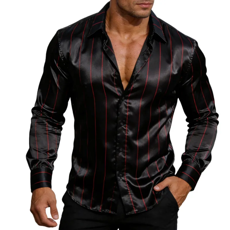 Men's Retro Casual Striped Satin Lapel Button-Up Long Sleeve Shirt MTZ0524A4TO sold by Manly