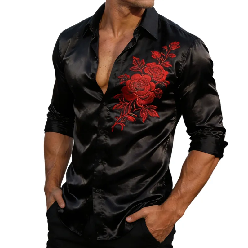 Men's Vintage Casual Floral Print Lapel Satin Long-sleeved Shirt MTZ0525A9TO sold by Manly