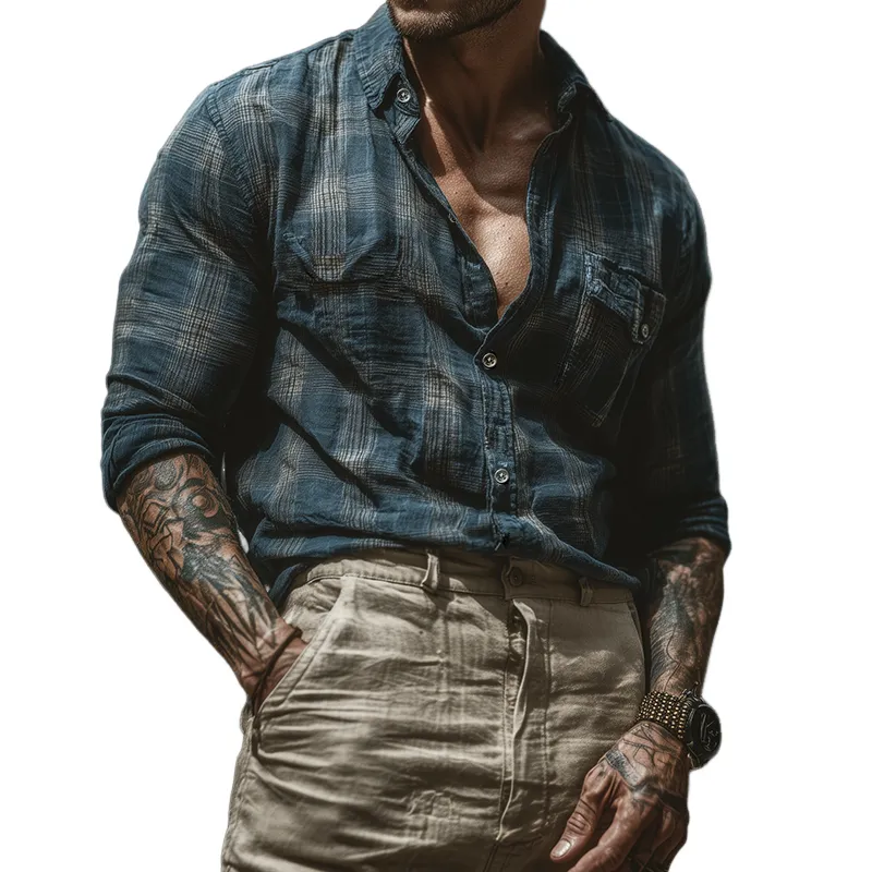 Men's Retro Casual Plaid Lapel Button-Down Long Sleeve Shirt MTZ0523A2TO sold by Manly