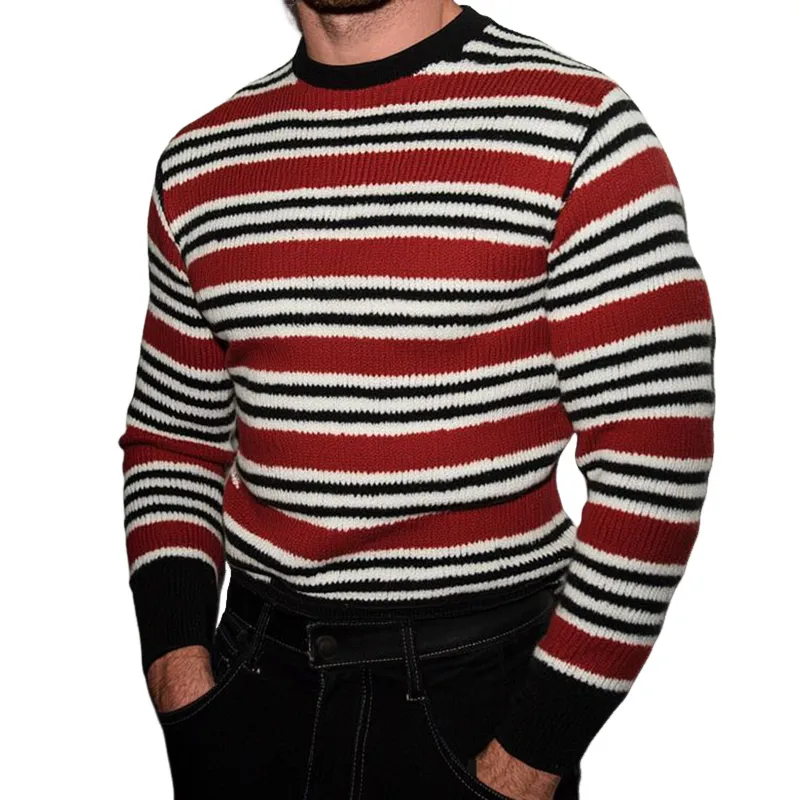 Men's Retro Casual Striped Knit Color Block Crew Neck Sweater MTZ0554A8TO sold by Manly