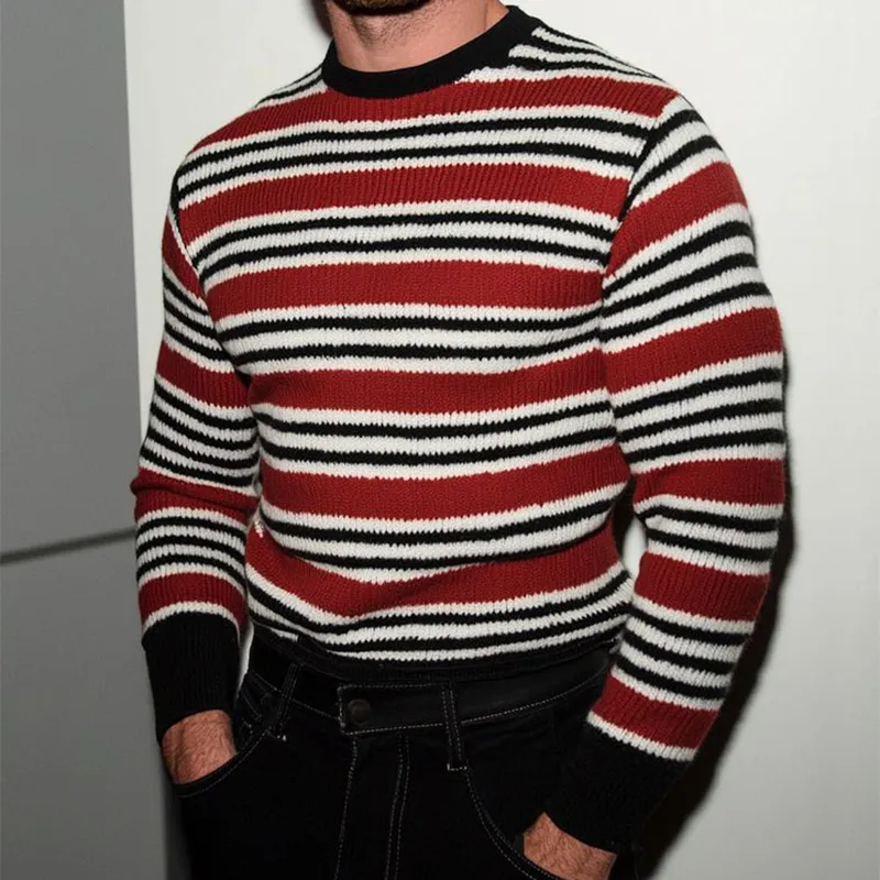 Men's Retro Casual Striped Knit Color Block Crew Neck Sweater MTZ0554A8TO sold by Manly product image thumbnail 2