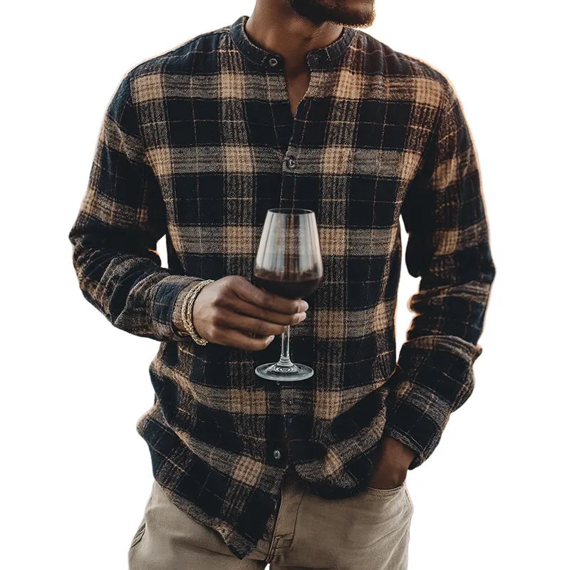 Men's Retro Casual Plaid Collarless Button-Down Long-Sleeve Shirt MTZ0577A6TO sold by Manly