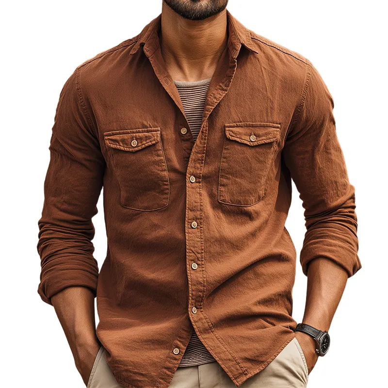 Men's Retro Casual Cotton Washed Collar Lapel Long Sleeve Shirt MTZ0598A7TO sold by Manly