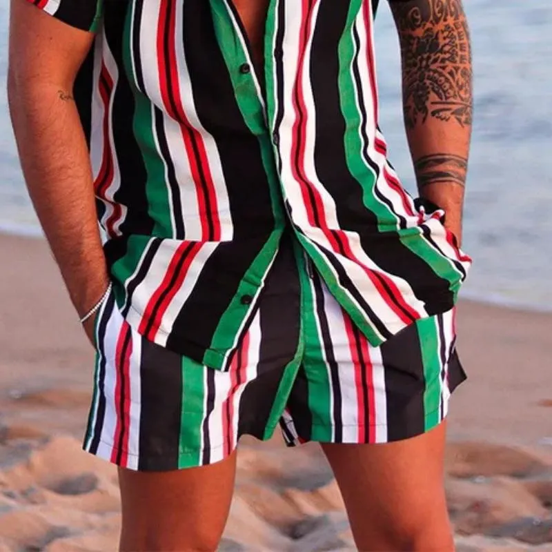 Men's Striped Printed Loose Short Sleeve Shirt Shorts Set 48727228Y sold by Manly product image thumbnail 3