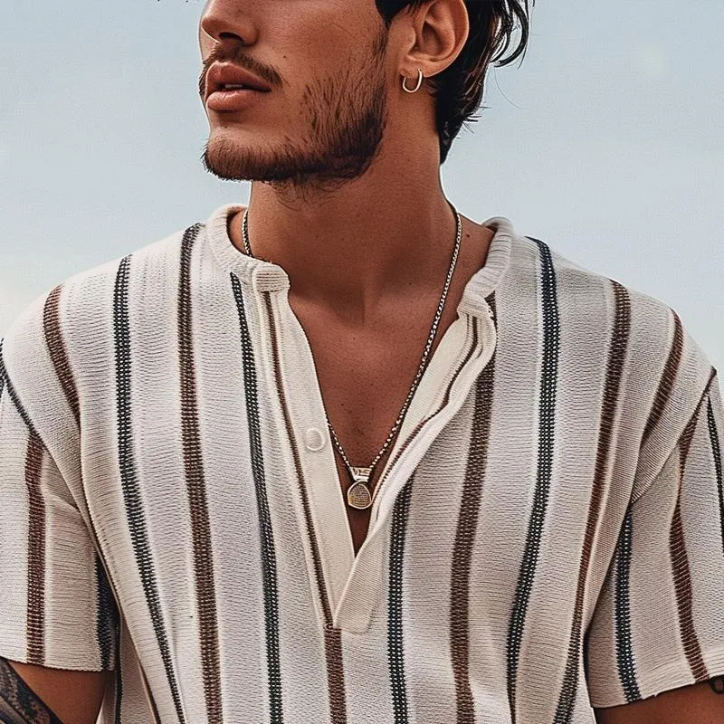 Men's Striped Henley Collar Short Sleeve Shirt 60161060Z sold by Manly product image thumbnail 3